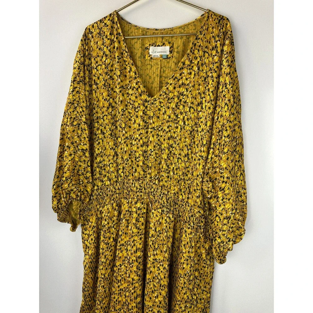 by Anthropologie Marigold Midi Dress Smocked V-Neck Gold Women's Plus Size 3X - Picture 11 of 14